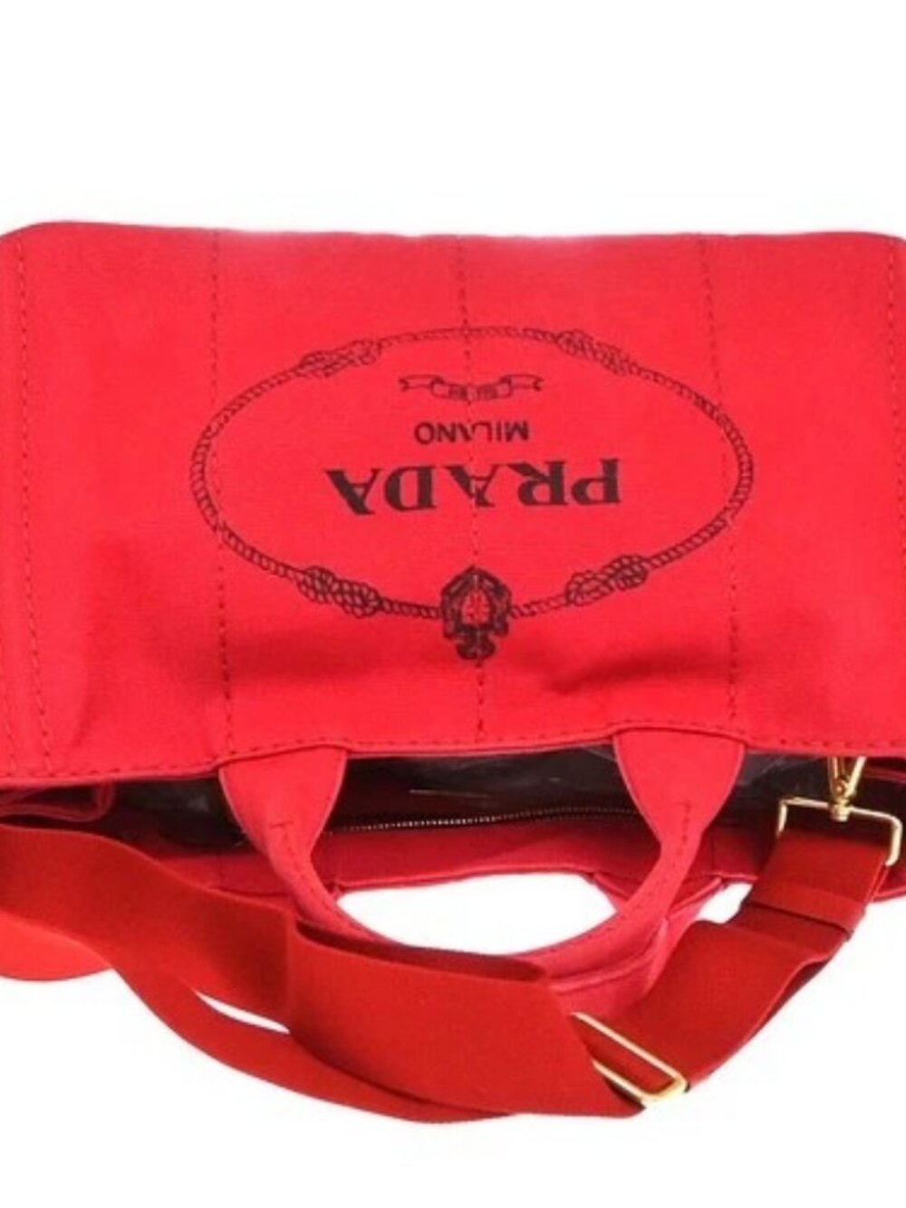 PRADA Logo Canapa 2Way Shoulder Hand Bag Canvas Leather Red GHW 79YH925 - Picture 5 of 16
